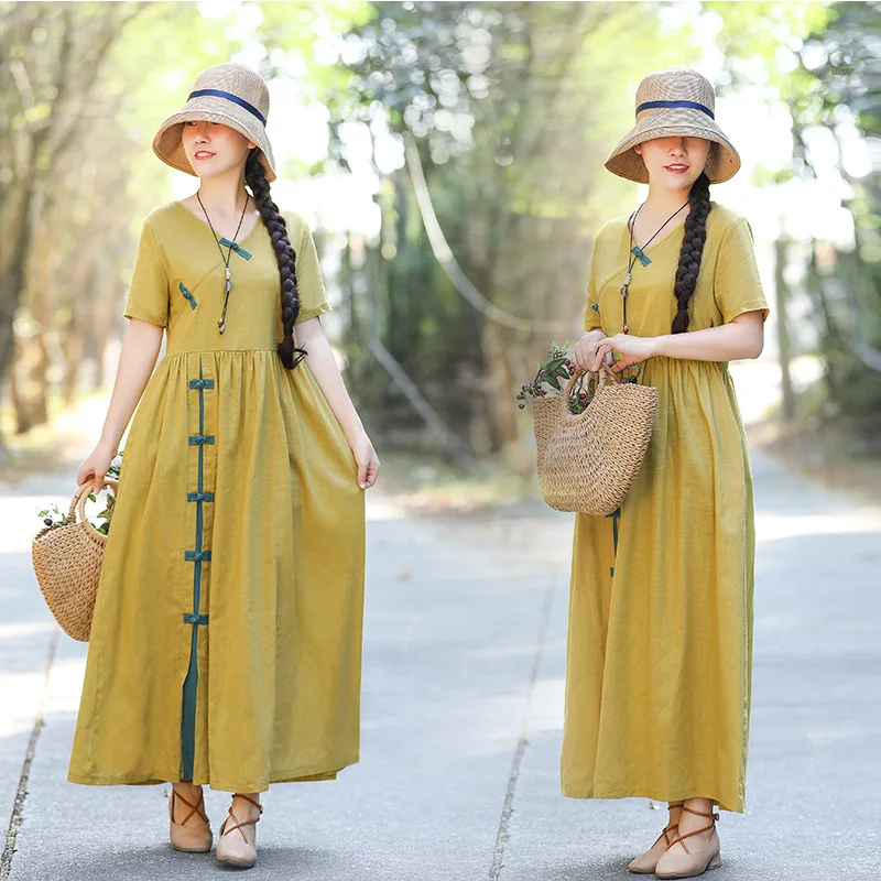 Hanfu Qipao платье традиционная китайская одежда из хлопка и льна Чонсам с v-образным