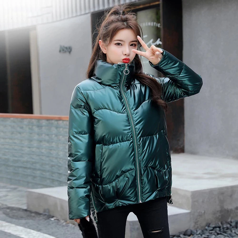 Короткие блестящие женские зимние пальто 2021 модные серебряные парки с