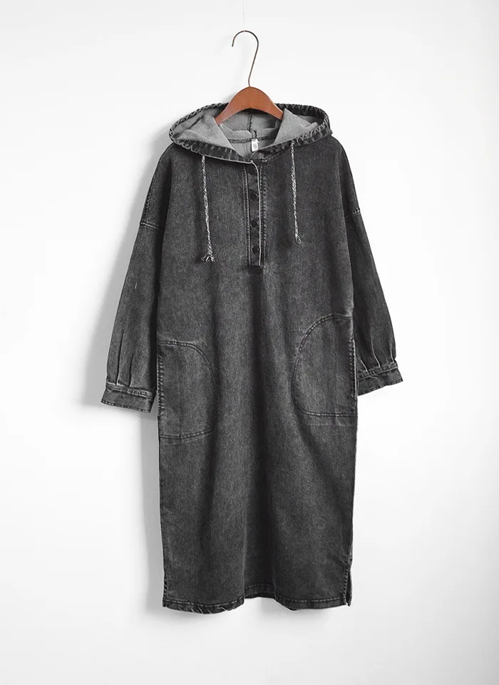

Casual Loose Long Sleeve Pockets Plus Size Female Denim Dresses Oversize Denim Hooded Woman Dresses Spring Autumn