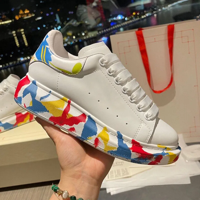 

2021 Fashion Women's Sneakers Thick Bottom Height Increasing Print Design Casual Shoes Spring Autumn All-Match Small White Shoes