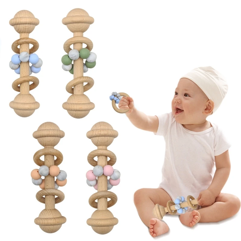 

Baby Beech Teether Bell Rattle Toddler Teething Nursing Soother Molar Beads Ring