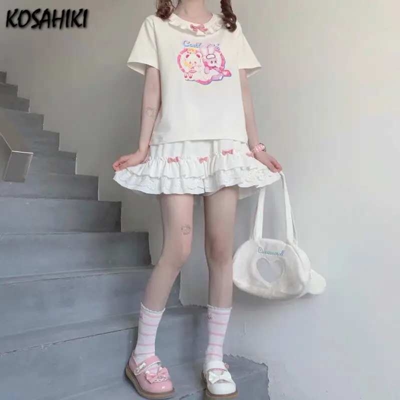 

KOSAHIKI High Waist Mini White Skirts Gothic Saia Lace Bow Patchwork Pleated Women Skirts Casual College Lolita Harajuku Skirt