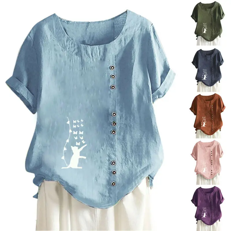 

Women's t Shirt Summer Vintage t Shirt Women Round Neck Short Sleeve Tees Button T-shirt Female Loose Print Casual Tops