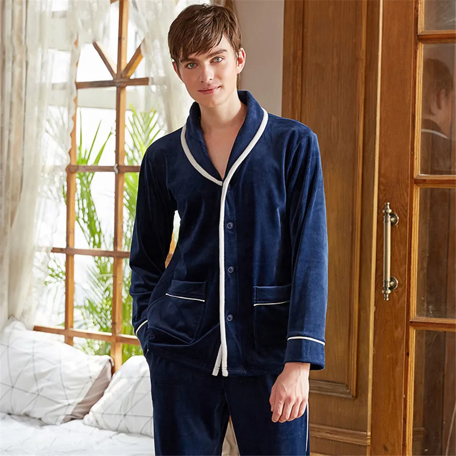 

New Style Men's Pajamas Set Winter soft Warm Flannel Thicken Male Pajamas Sets Long Sleeve Sleepwear Top + Pant Leisure