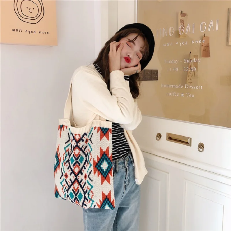 

Fashion Women Knitting Tote Bag Women Crochet Woolen Knitted Fabric Shoulder Bag 2021 Female Daily Handbag