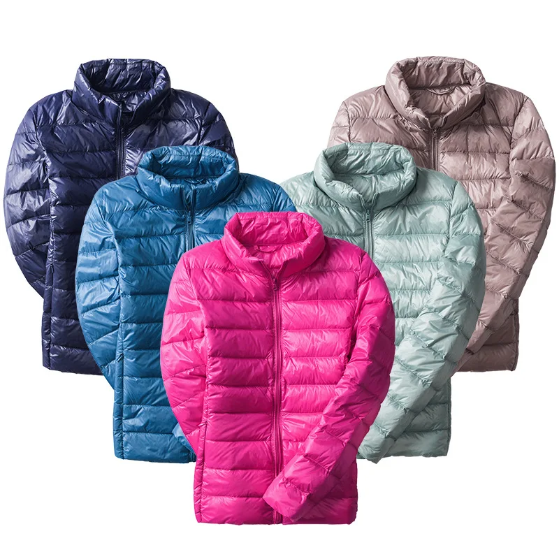 

2019 Autumn And Winter Thin down Jacket Women's Stand Collar White Duck down Thin down Feather Jacket