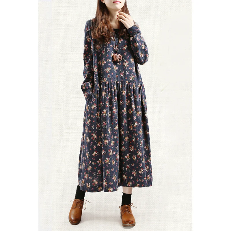 

Dress 2021 Longsleeve Floral Dress HarajukuPlus Size DressesLoose Long Women's Dress Korean Cotton LinenClothes Women's Top