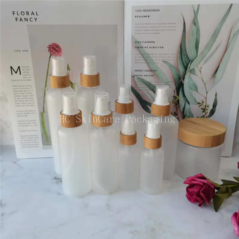 

Body lotion containers empty frosted plastic bottle with bamboo cap spray top lotion bottles for toner water