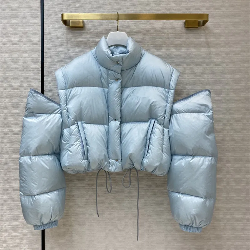 2021 winter women designer white goose down puffer jacket stand collar sleeve detachable short bubble coats black light blue