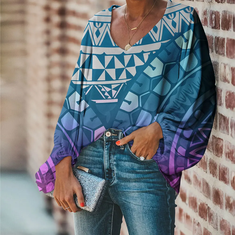 

Factory Outlet Custom Women's Casual Shirt Polynesian Tribal Rasta Color Background With Stripes Prints Mature Chiffon Shirt