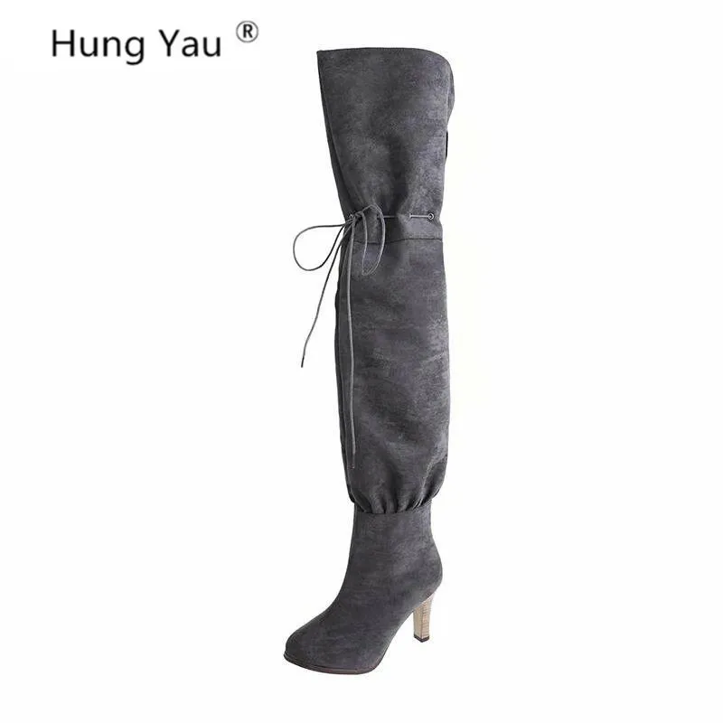 Замшевые женские сапоги выше колена до бедра на шнуровке узкие кожаные черного и