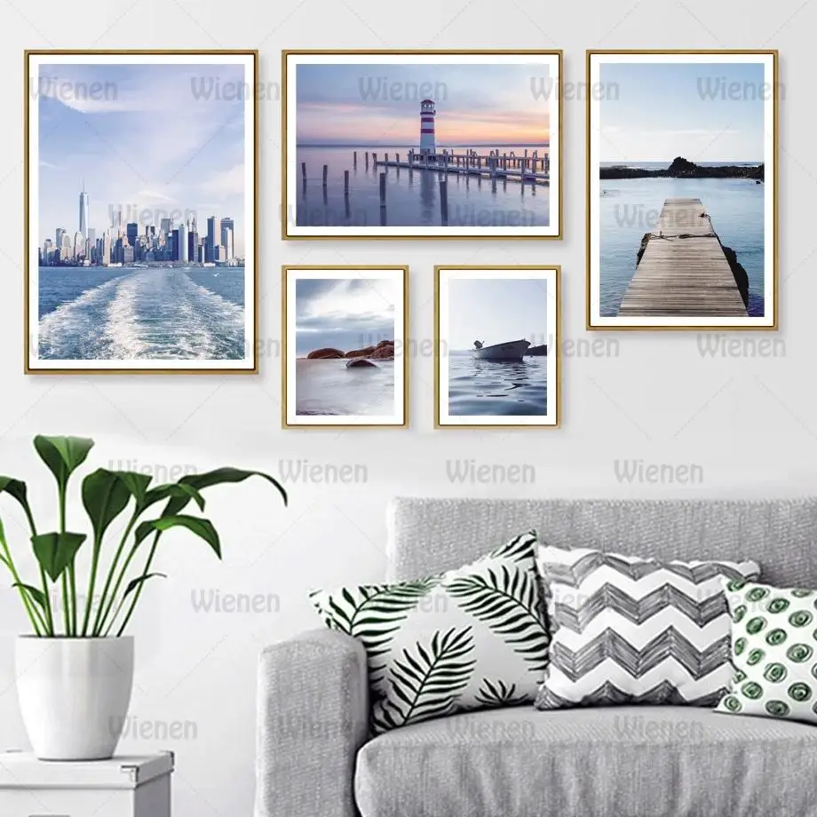 

Sea Beach Boat Wall Art Canvas Painting Nordic Wooden Bridge Lighthouse Posters and Prints Wall Pictures for Living Room Decor