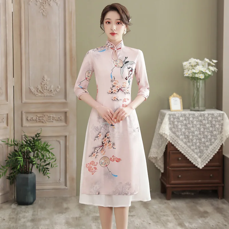 Ao Dai Lace Short Sleeves A-Line Women's Slim Long Dress Embroidery cheongsam