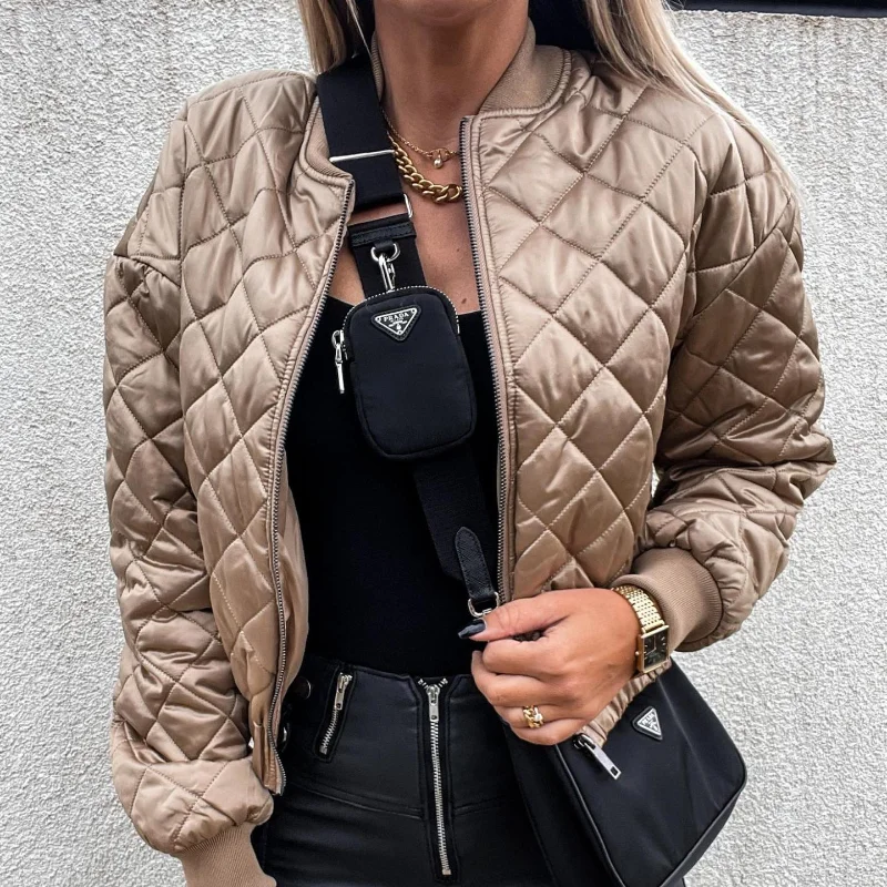 Women Short Zipper Cotton Jacket Stand Collar Argyle Slim Parka 2021 Autumn Winter Solid Long Sleeve Warm Coat  Fashion Jacket