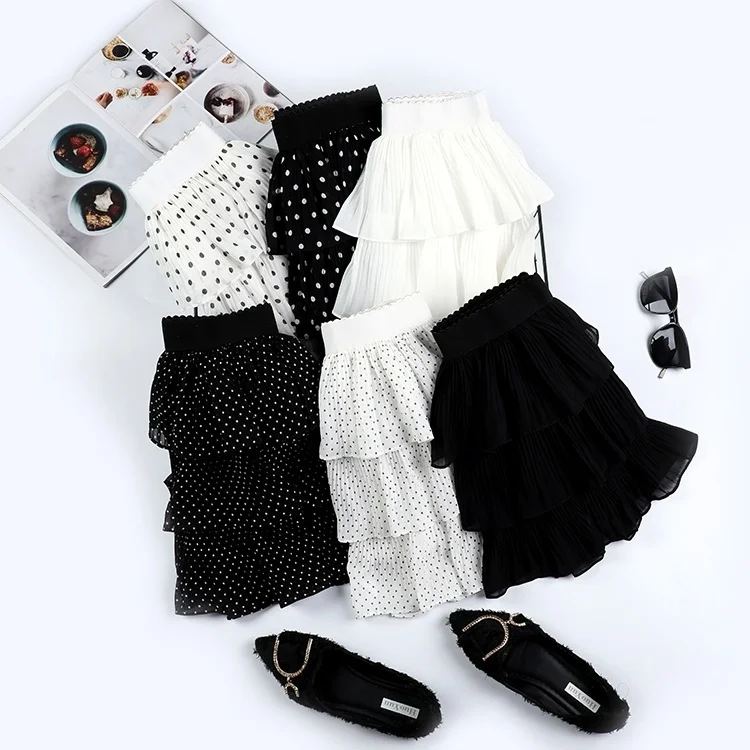 

Женская плиссированная юбка в горошек, с поясом на резинке и оборками