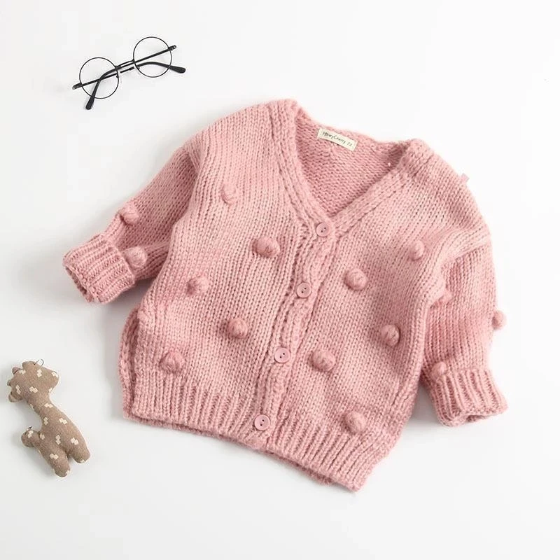 

Solid Sweater Autumn New Female Baby Knitted Cardigan Jacket Girl 3-6-9 Months Sweater Top Handmade Bubble Ball Children Clothes