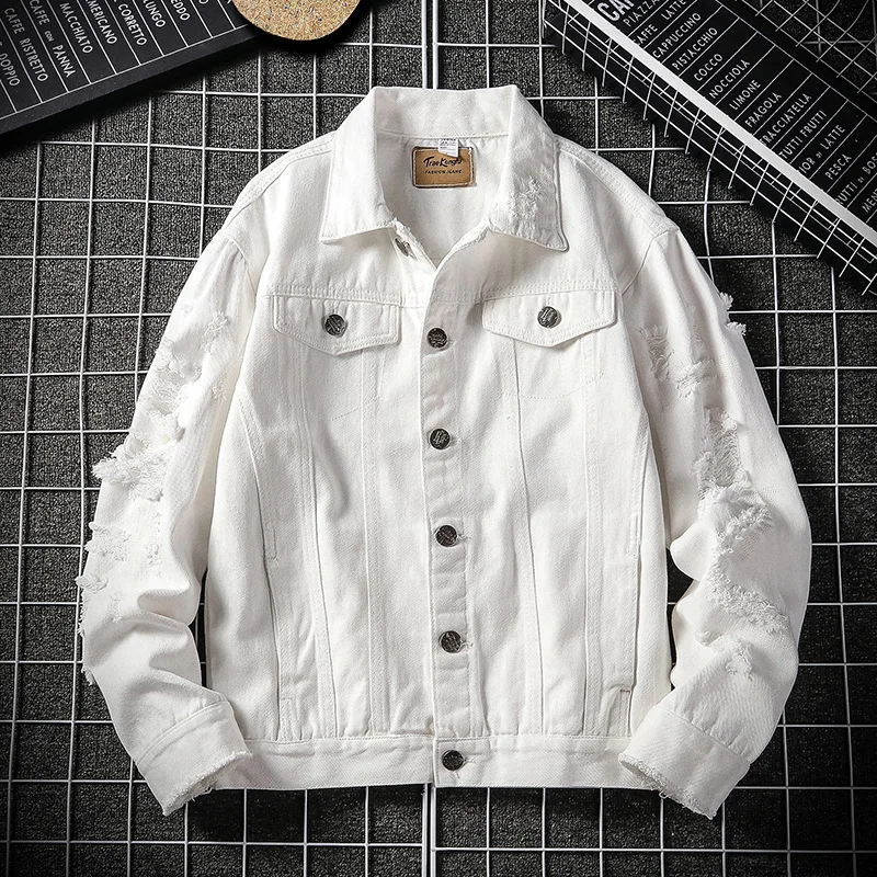 Джинсовая куртка с дырками однотонная Свободная Повседневная Уличная рваная из