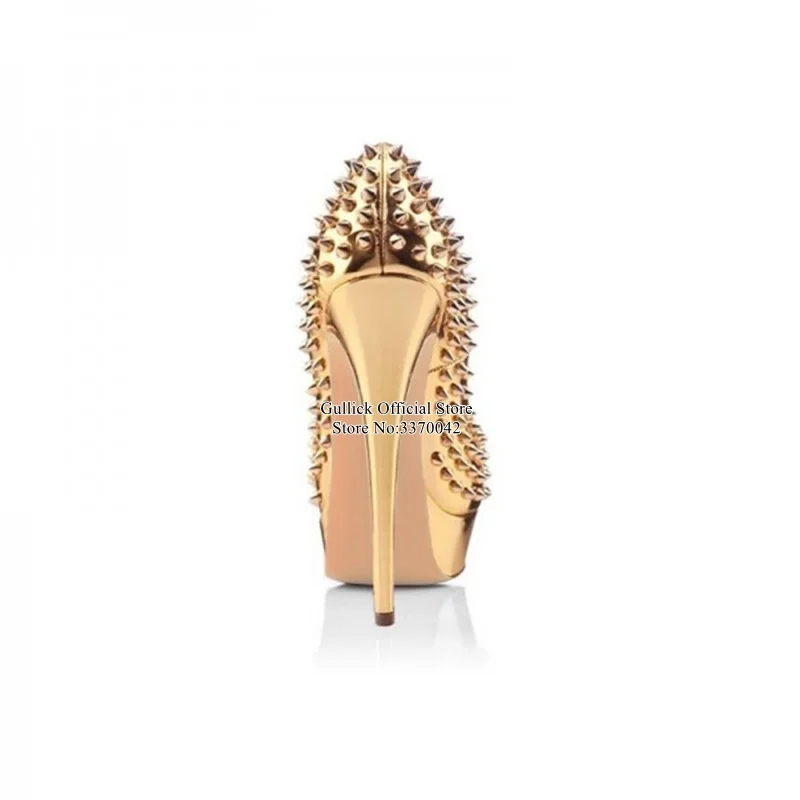 

Golden Rivets High Platform Pumps Peep Toe Leather Full Rivets Spikes Dress Shoes Slip-on Celebrating Wedding Party Shoes