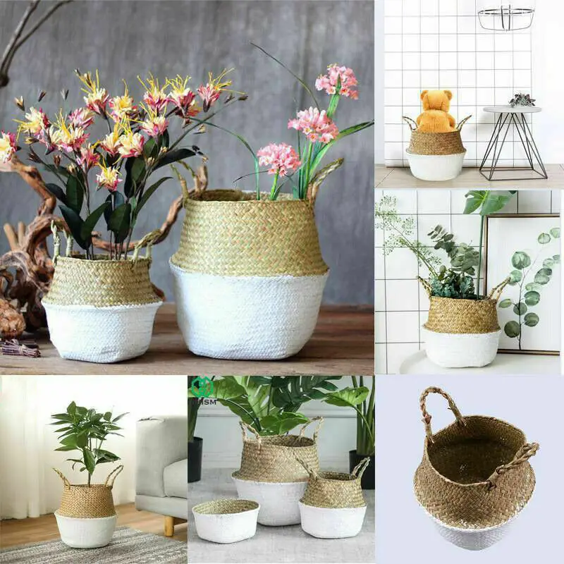 

Foldable Woven Storage Baskets Handmade Wicker Rattan Seagrass Laundry Basket Garden Flower Pot Planter Home Organizer