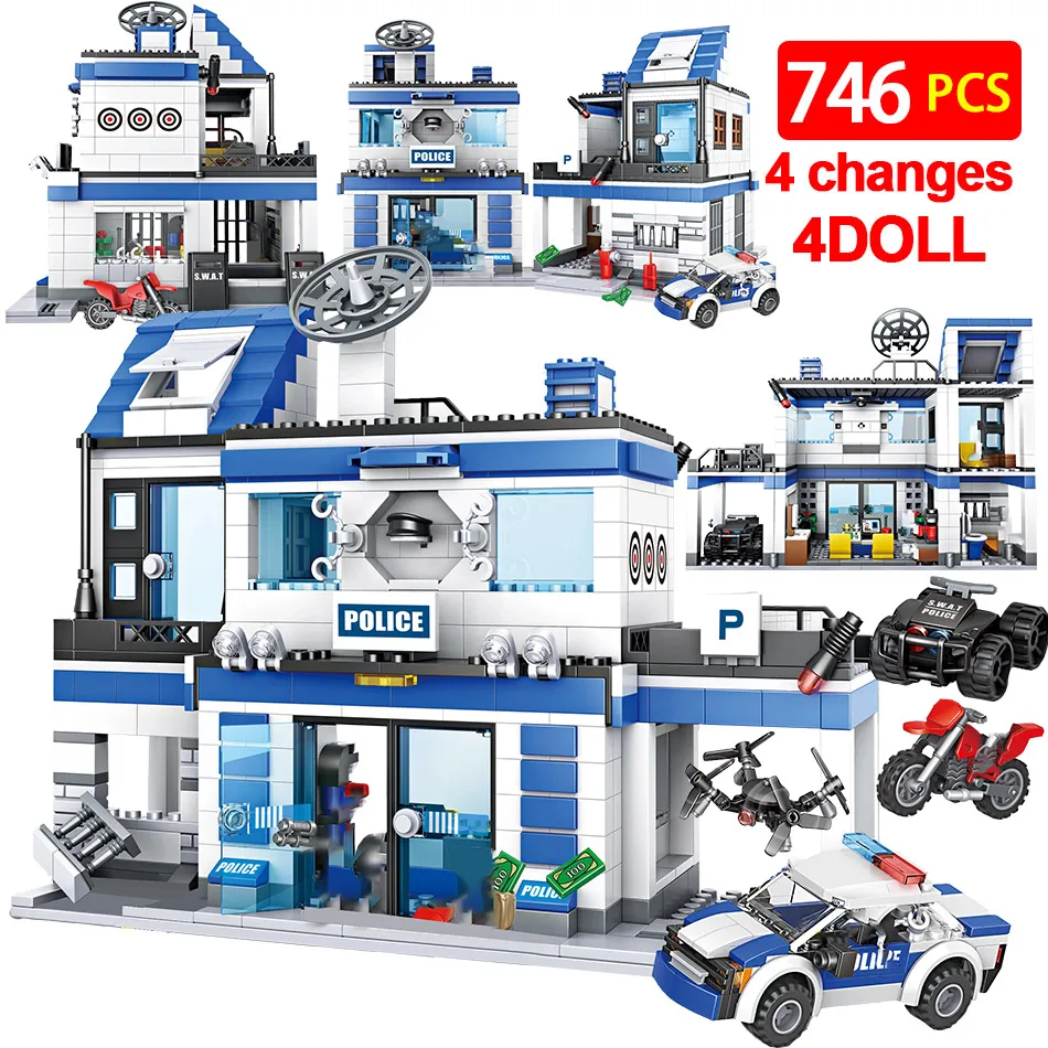 

746PCS City Police Station Building Blocks Military Helicopter SWAT WW2 Car Team Bricks Educational Toys children