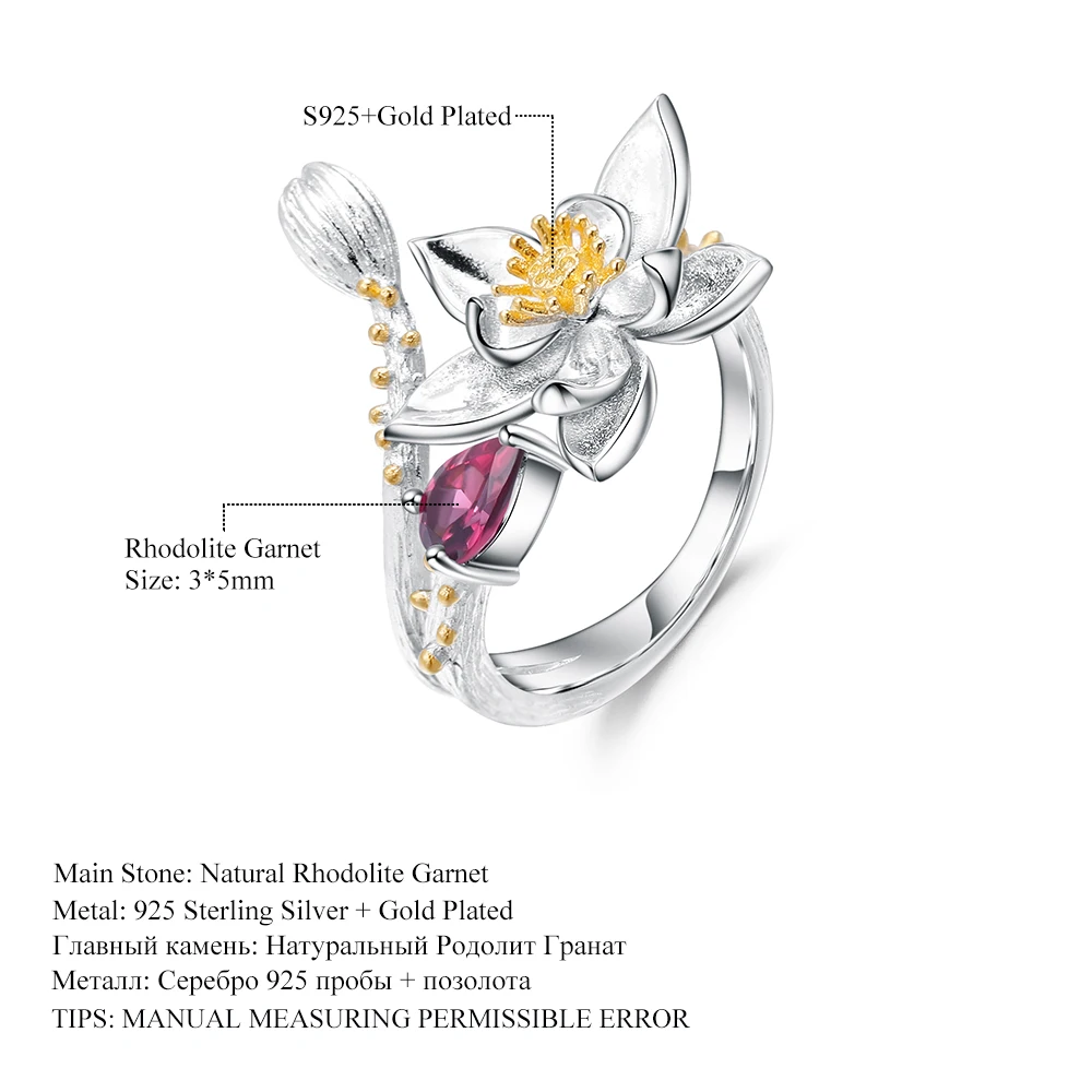 

GEM'S BALLET Women Silver Ring Earrings Set Natural Rose Garnet 925 Sterling Silver Elegant Vintage Flower Handmade High Jewelry