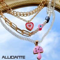 y2k pink mushroom heart pearl beaded choker necklace for women multilayer asymmetry yin yang metal chain necklace boho jewelry