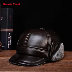Фирменная мужская зимняя шапка-бомбер из натуральной кожи RY127, Мужская бейсболка с искусственным мехом черногокоричневого цвета