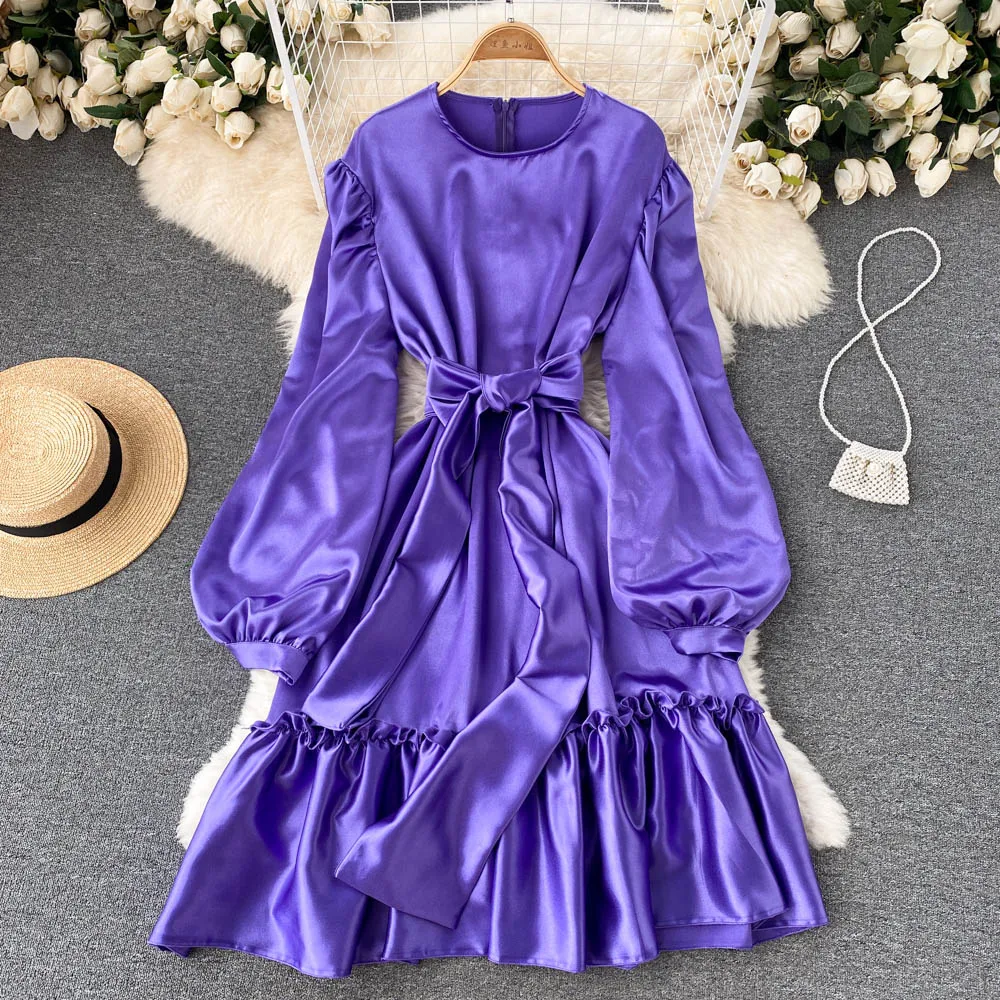 

Women French Dress Sweet O-Neck Spring/Autumn Long Sleeve A-line Dress Chic Streetwear Dresses Clothes Purple