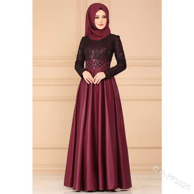 

Lace Stitched Retro Grand Dress Muslim National Style Long-sleeved Slim Dress