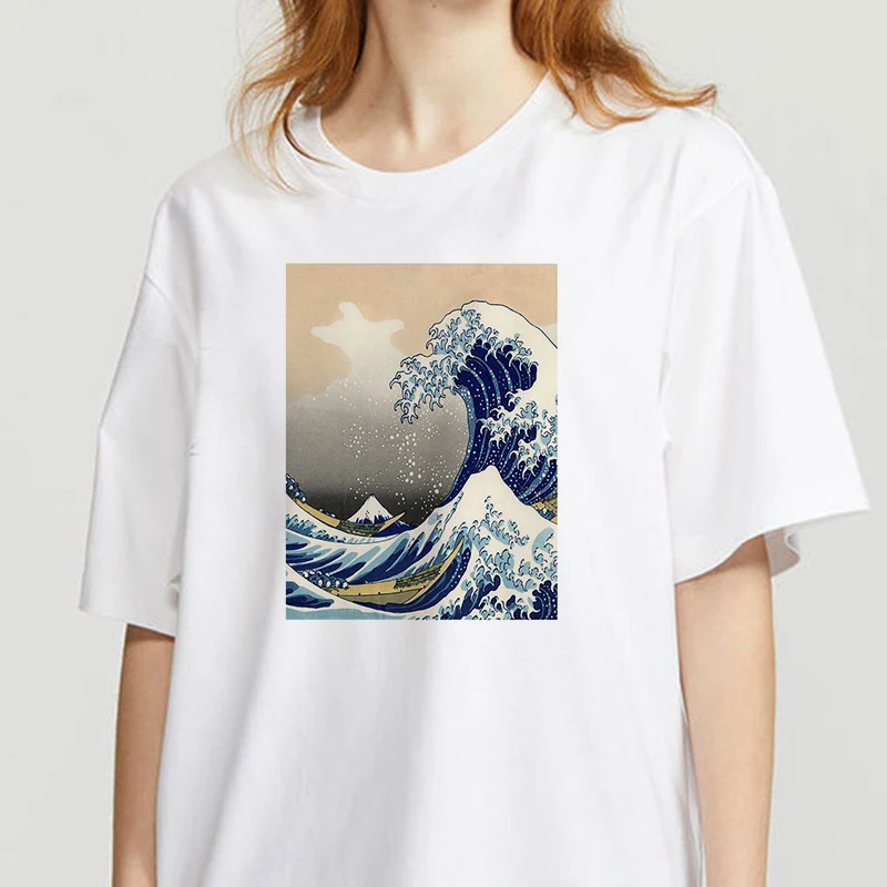 

2021 Women Aesthetic Cute Japanese Short Sleeve Vintage Harajuku Streetwear Anime Tshirt Summer Great Guardian Wave T Shirt