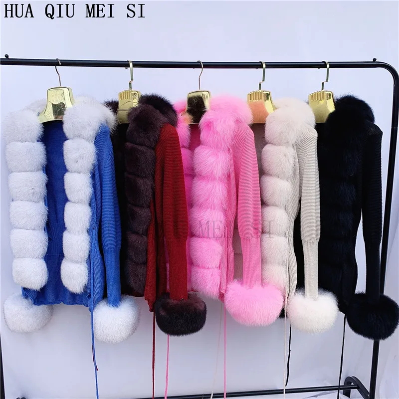 Женский вязаный кардиган свитер с натуральным лисьим мехом женская трикотажная