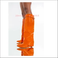 turned over edge knee high boots wedges orange design for women 2022 fashion pointed toe leather long height increasing boots