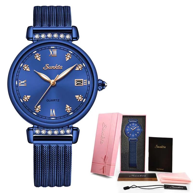 Blue SUNKTA, женские часы из розового золота, кварцевые часы для девушек, Лидирующий бренд, роскошные женские часы, женские часы, Relogio Feminino+ коробка - Цвет: Blue