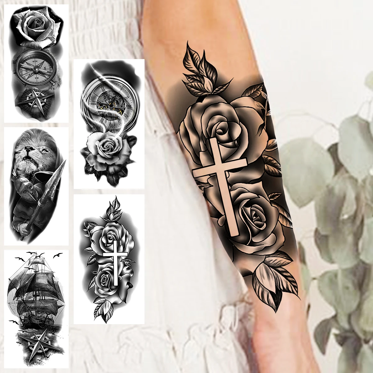 

Rose Flower Cross Temporary Tattoos For Women Adults Realistic Lion Samurai Pirate Ship Compass Fake Tattoo Sticker Arm Tatoos