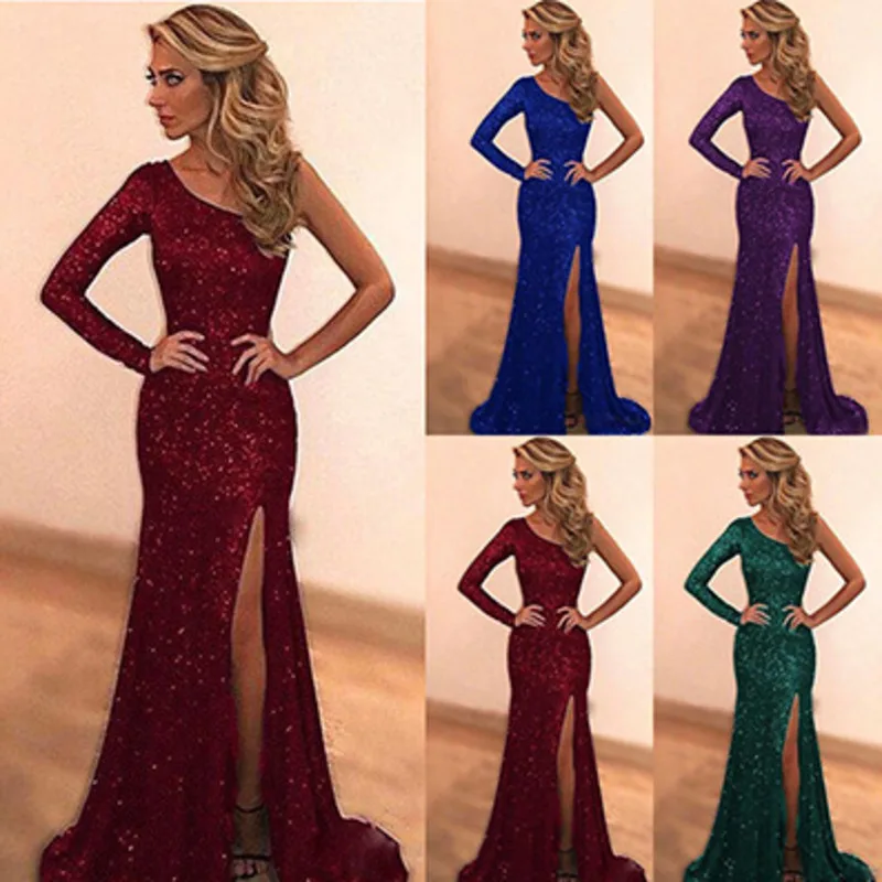 

evening dress split skirt 2021 new women's long sleeve diagonal shoulder sequin