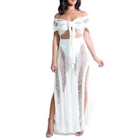 women summer v neck hollow out knit two piece set short sleeves crop top and maxi skirt women beach two piece set club outfit