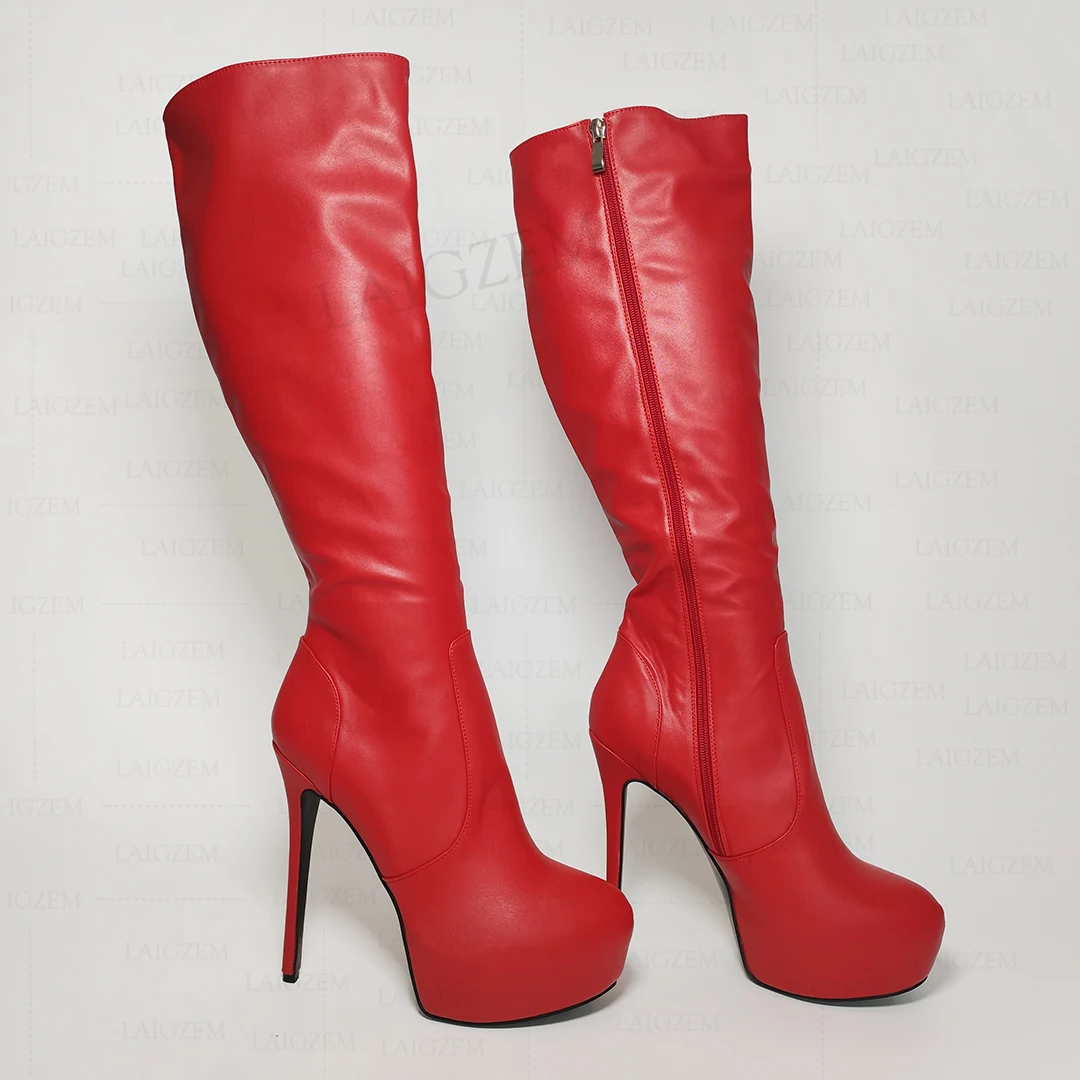 

BERZIMER Women Knee High Platform Boots Zip Up Stiletto High Heels Tall Boots Faux Leather Unisex Shoes Woman Big Size 41 44 52
