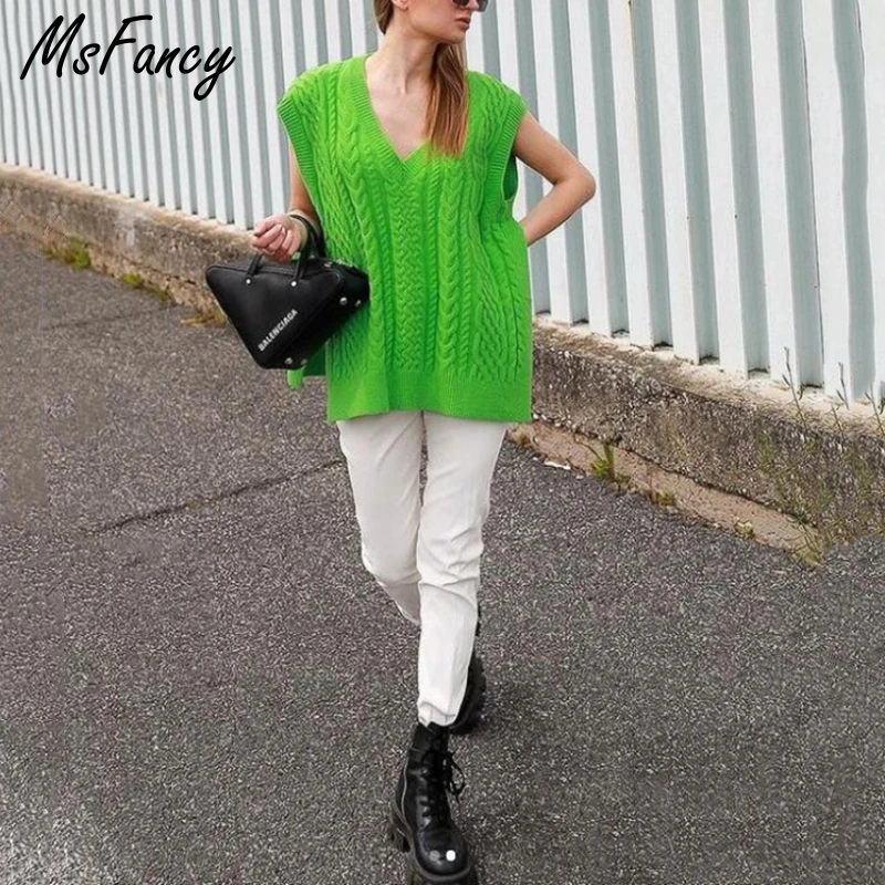 

Msfancy Green Sweater Vest Women Fall V-neck Sleeveless Knitted Vest 2021 Mujer Chic Side Split Oversized Sweater Tops