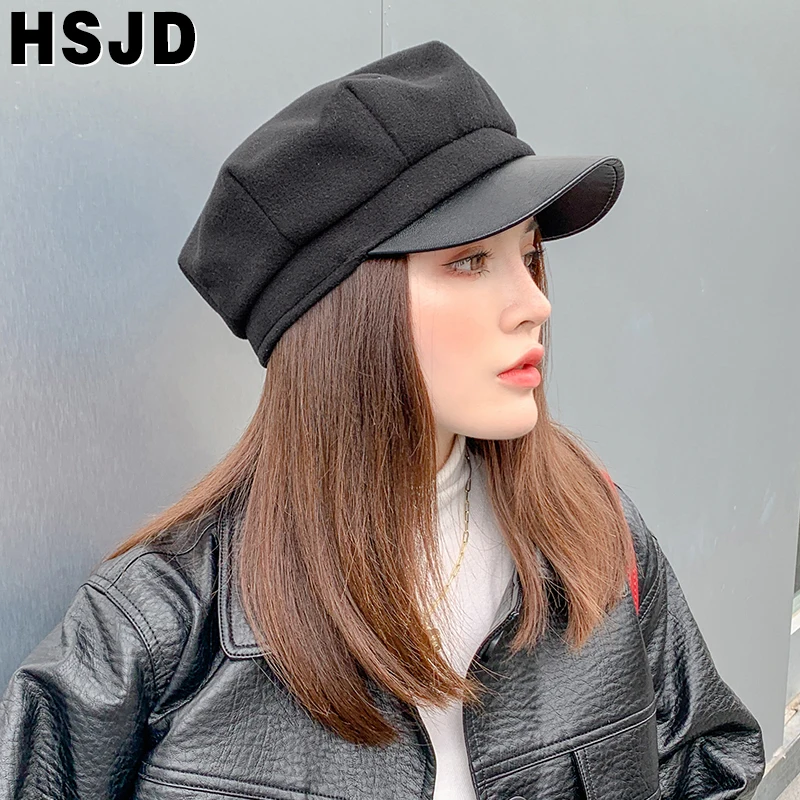 

Auutmn Winter Hats for Women Leather Brim Solid Color Octagonal Cap Hats Ladies Casual Wool Hat Winter Beret Female Artist Cap