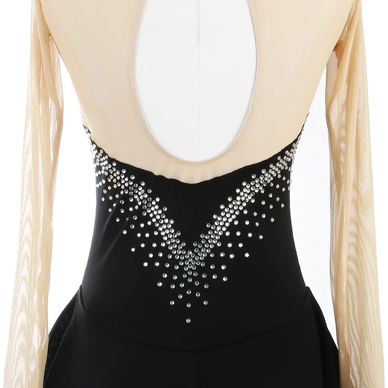 

Black Figure Skating Dress Long Sleeves Ice Skating Skirt Women's And Girls Low Bosom Shiny Diamond Competition Dress