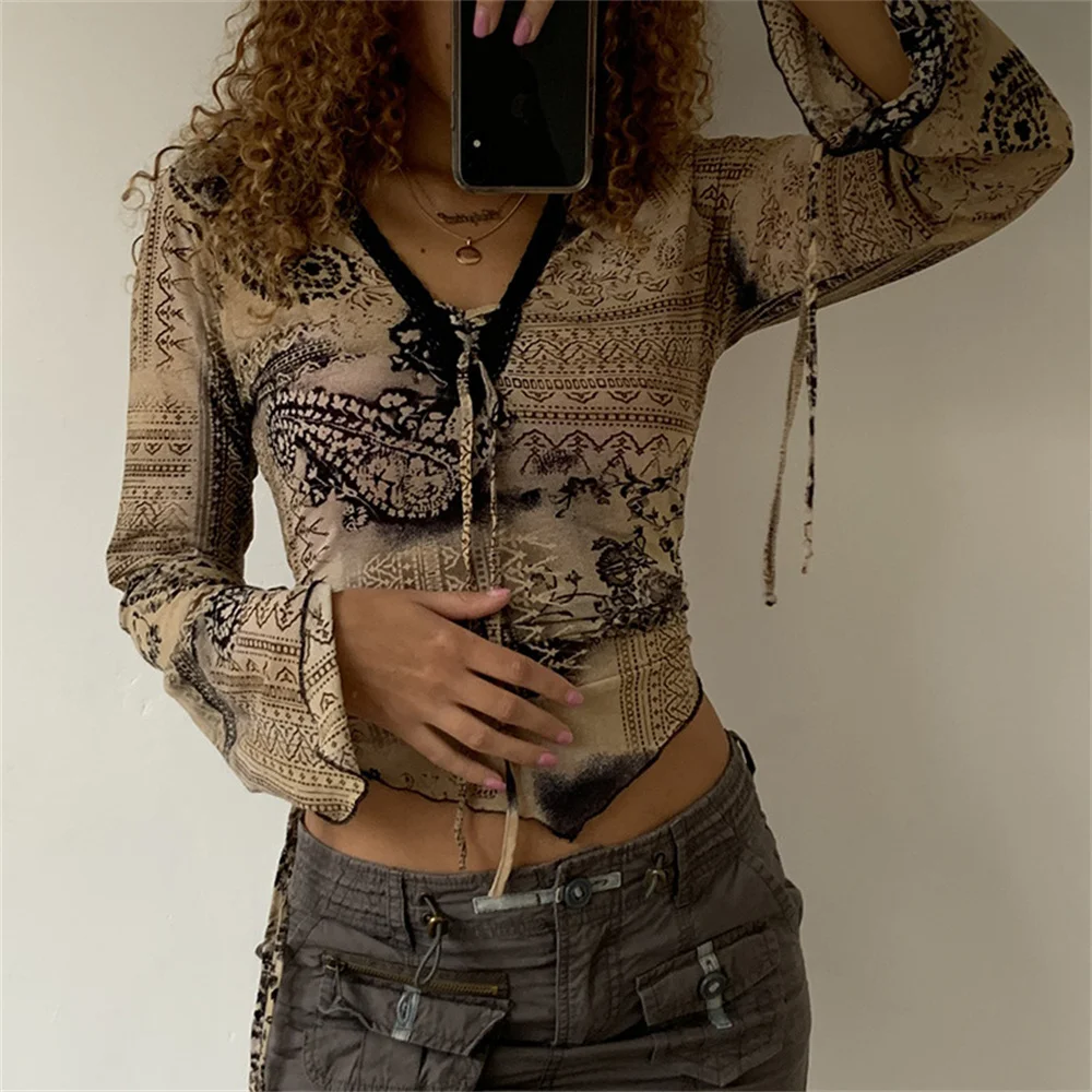 

Vintage Print V-neck Top Women Autumn Mesh T-shirt Fashion Grunge Crop Tops Tie Up Flare Sleeve Tees 90s Aesthetics Blouses