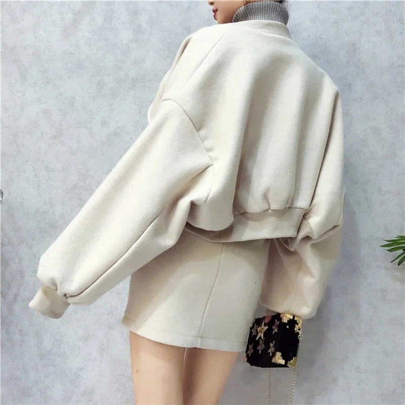 

2020 Bat Sleeve Woolen Short Loose Autumn Spring Jacket With Skirt Women High Waist Irregular Streetwear Coat Female Cloak Tunic