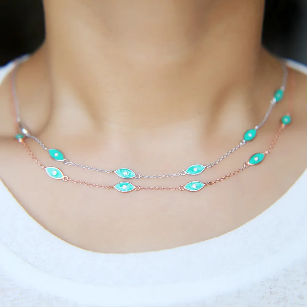 2021 Newest 925 Sterling Silver White Ocean Sea Blue Enamel Eye Charm Pendant Necklaces Women Choker Fine Jewelry High Quality | Украшения