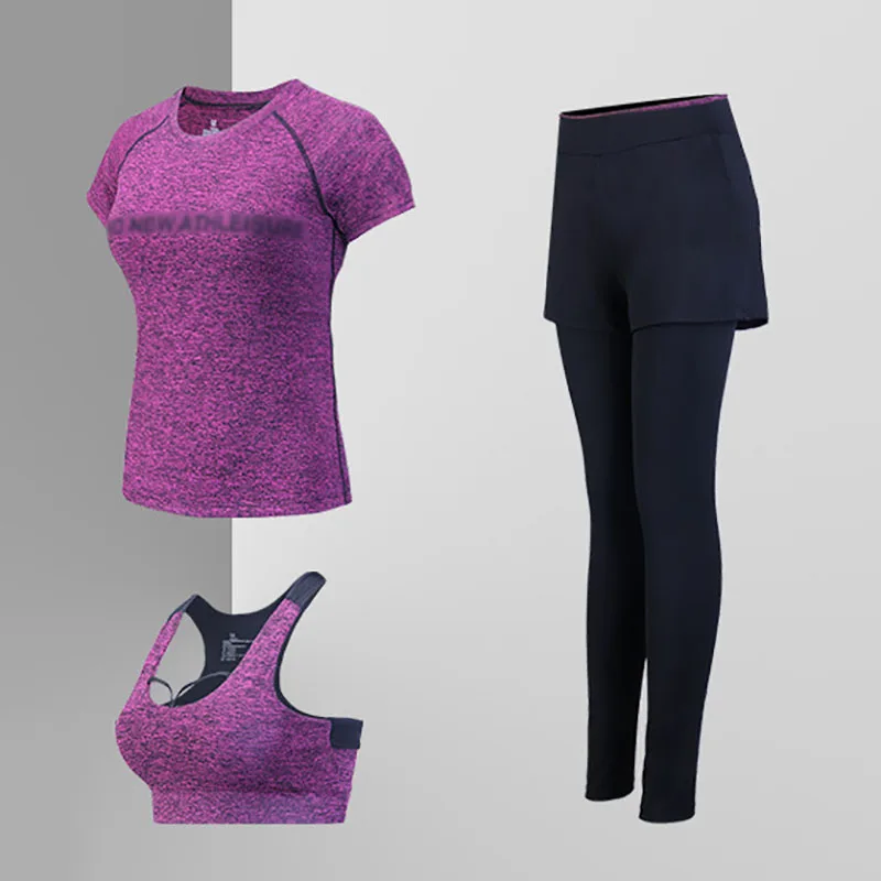 Red violet Комплект для йоги, бесшовный спортивный бюстгальтер+ укороченный топ с коротким рукавом+ женские леггинсы для бега, спортзала, с высокой талией, для тренировок, фитнеса, дышащий спортивный костюм - Цвет: Red violet