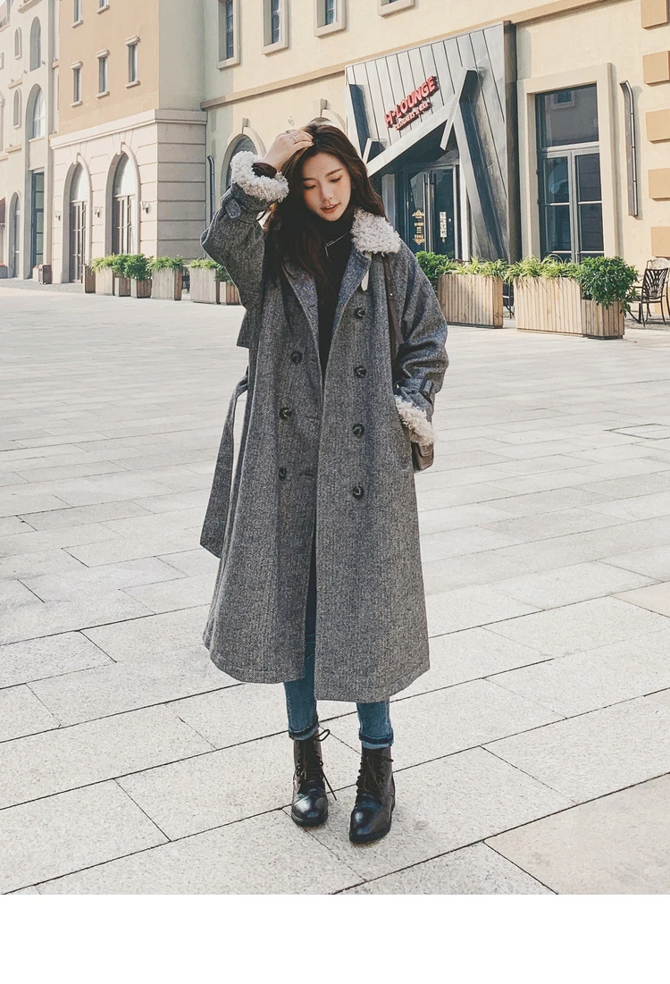 

Winter Clothes Women Fashion Splice Lambwool Long Overcoat Loose Double Breasted Thick Warm Sashe Parka Woolen Coat Plus Size