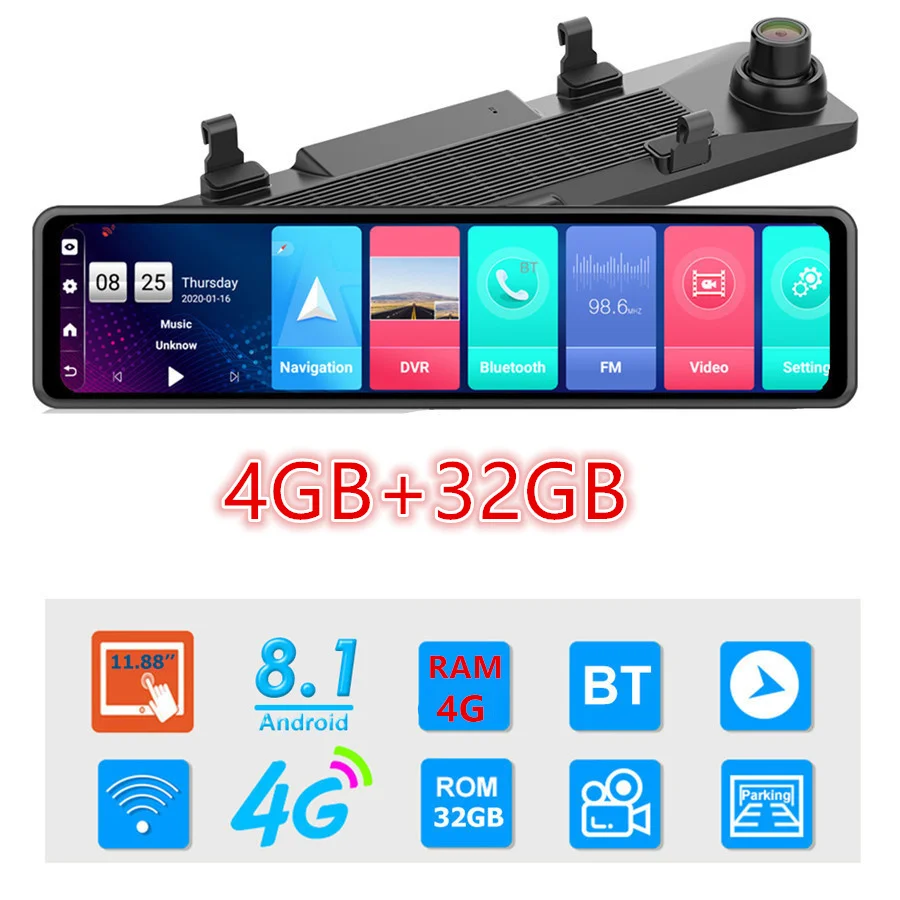 Зеркало видеорегистратор 12 дюймов 4G Android HD 1080P GPS Wi Fi|Видеорегистраторы| |