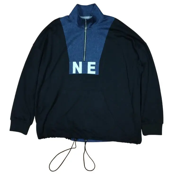 

Men spring autumn thin blue black patchwork punk hip hop oversized hoodie japanese streetwear mens zipper sweatshirt windbreaker