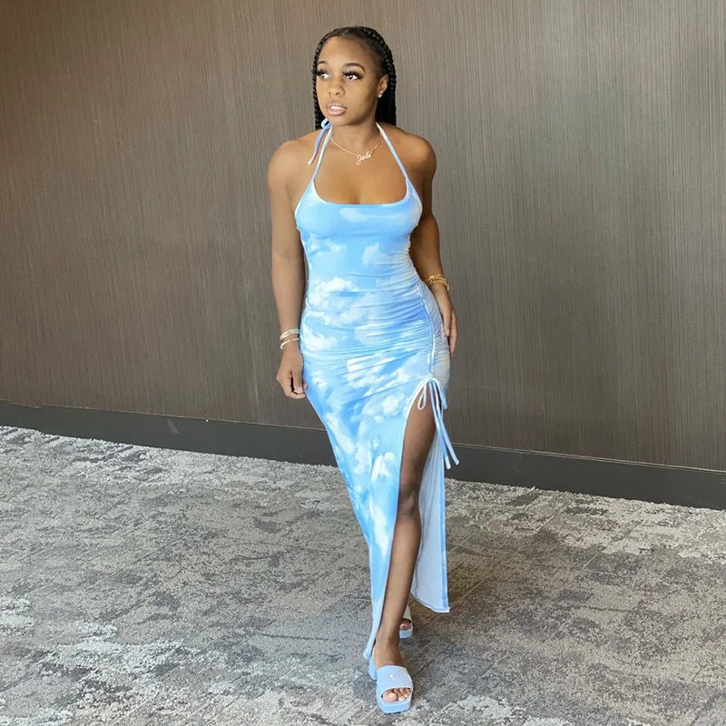 

Women Sexy Elegant Maxi Dress Summer Beach Draped Dress 2021 Spaghetti Strap Asymmetrical Skinny Bodycon Party Dress