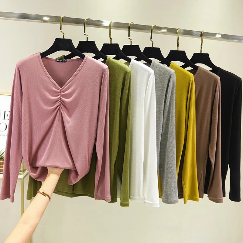 modal long sleeve solid V-neck t-shirt women high stretch slim tops 2020 spring autumn Loose Basic Bottoming tshirt Plus size | Женская