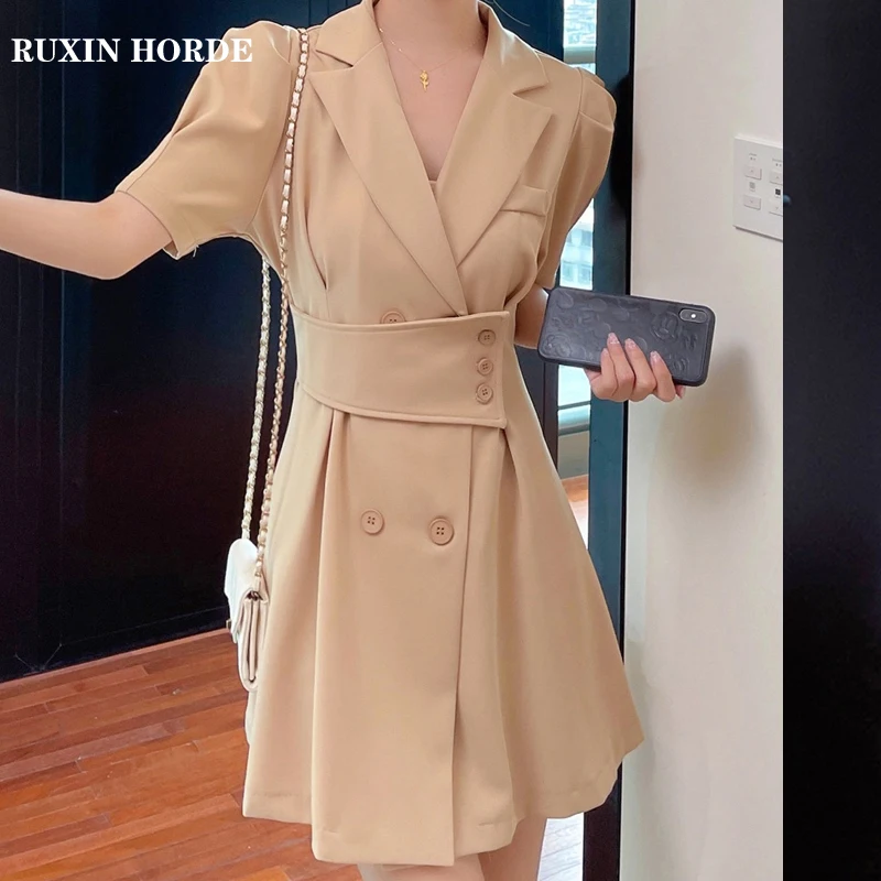 

2021 Summer French New Style Elegant Women'S Suit Collar Button-Shaped Commuter Bubble Short-Sleeved Loose Beautiful Dress